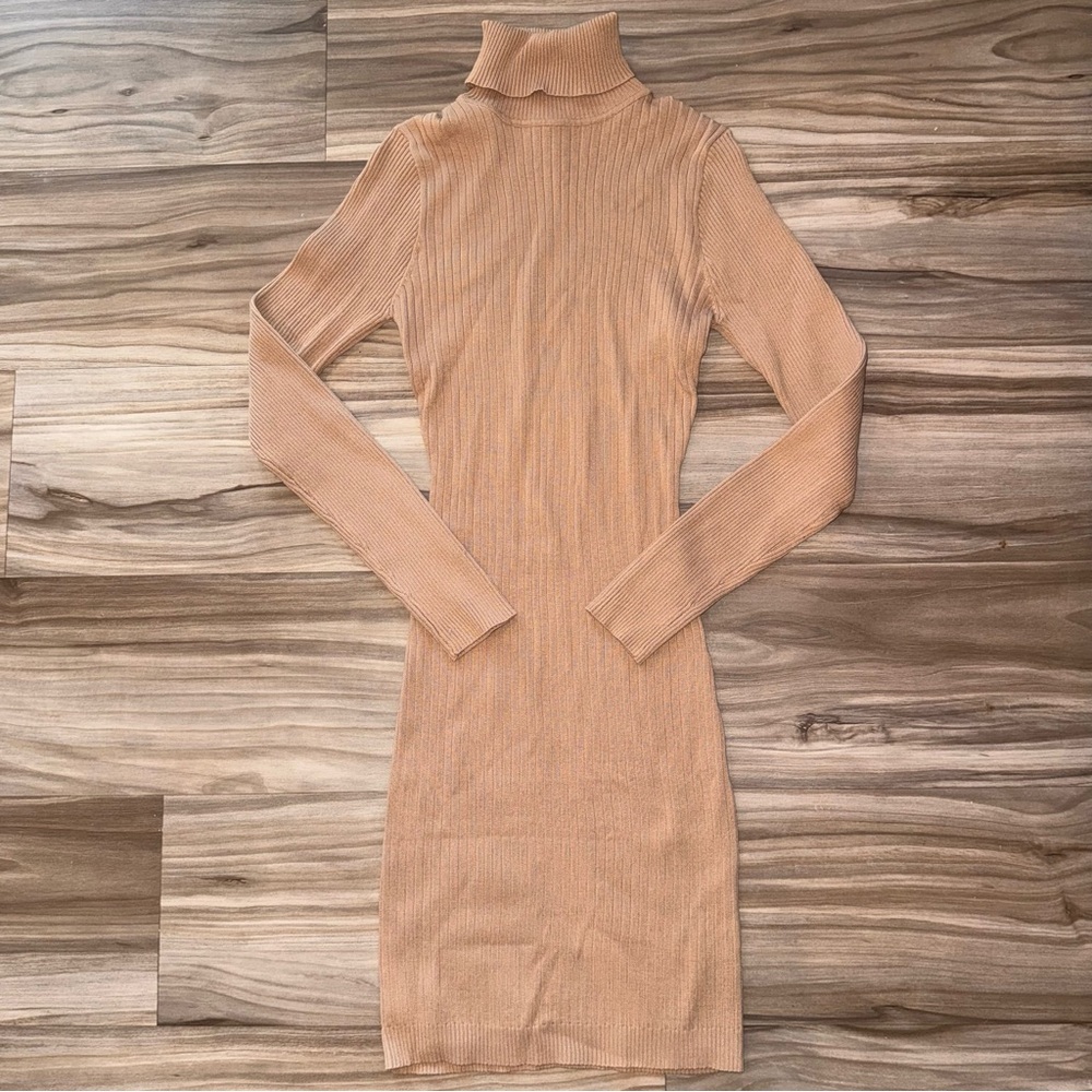 Elegant Tan Ribbed Turtleneck Dress